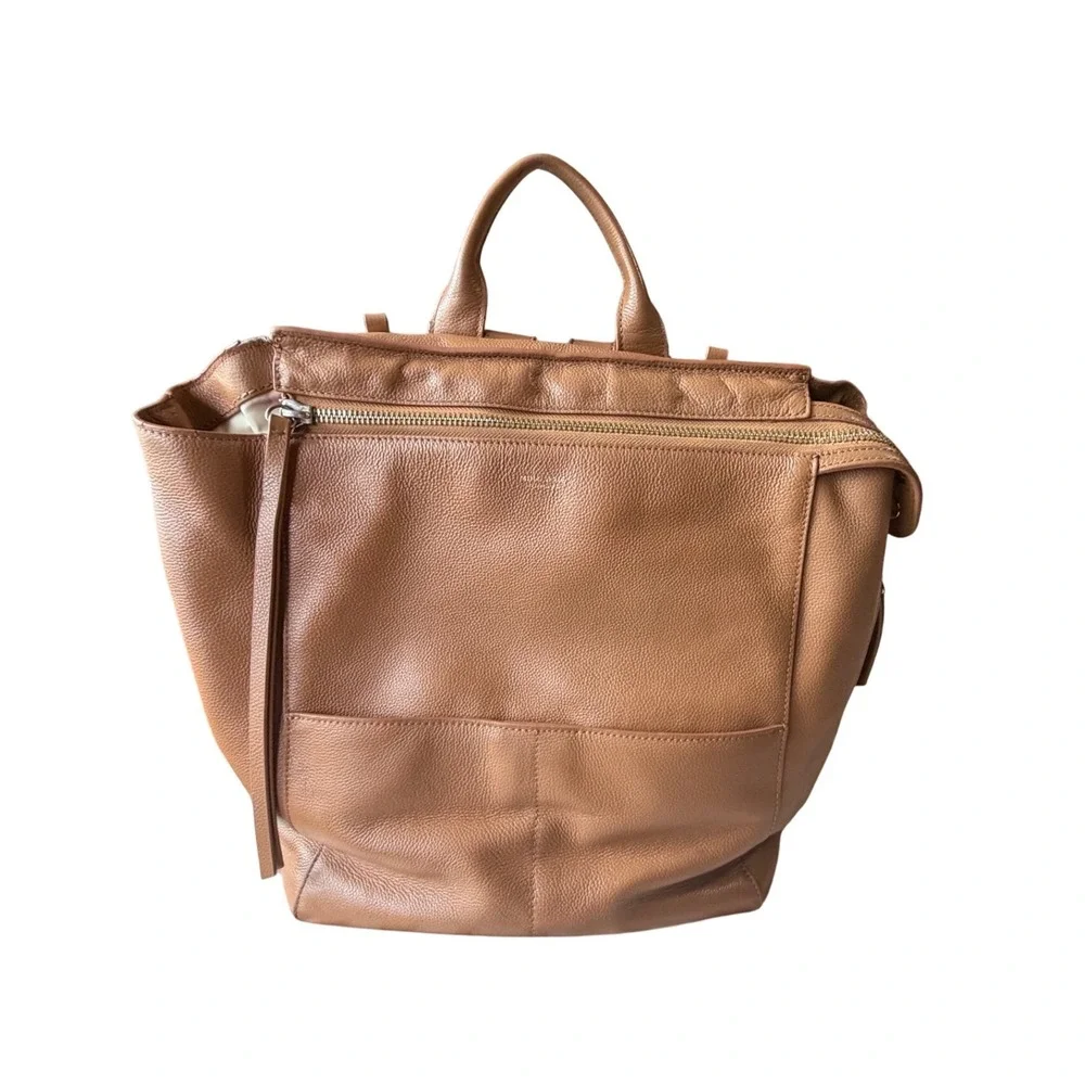 Mina Baie Stevie Tan Pebbled Leather Backpack Diaper Bag Gold Hardware